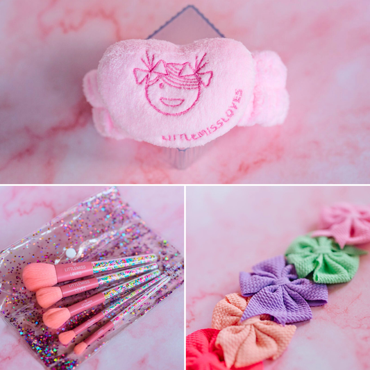 Collage of beauty products including a pink eye pillow, makeup brushes, and hair accessories on a pink marble background.