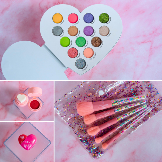 Collage of makeup products including a heart-shaped eyeshadow palette, lip balm, and makeup brushes on a pink background.