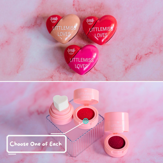 Heart-shaped cosmetic cases with 'LITTLEMISS LOVES' branding on a pink marble background.