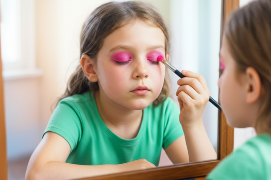 A young girl wearing a green tshirt standing in front of a mirror putting pink eyeshadow on her eyelids