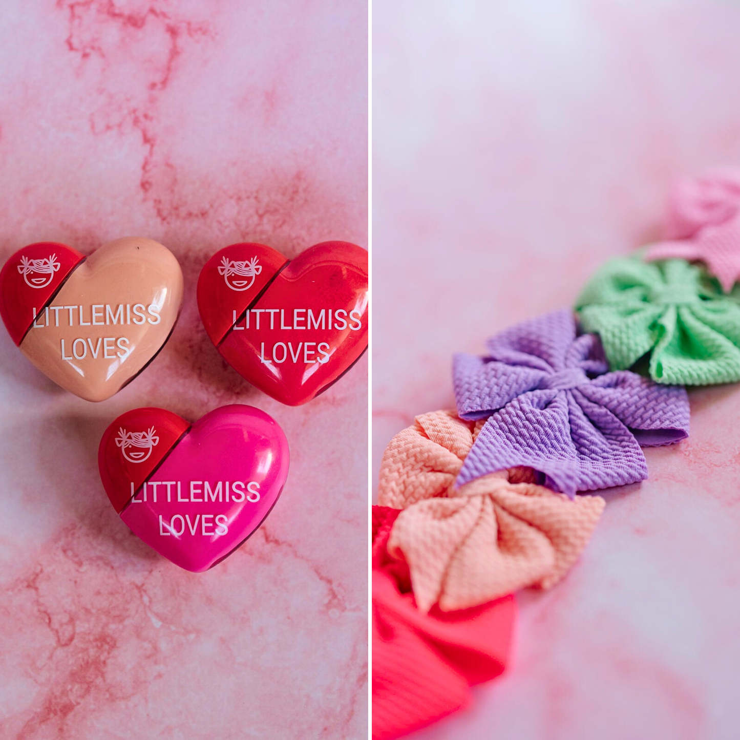Heart-shaped containers with 'LITTLEMISS LOVES' branding on a pink marble background, accompanied by colorful hair ties.
