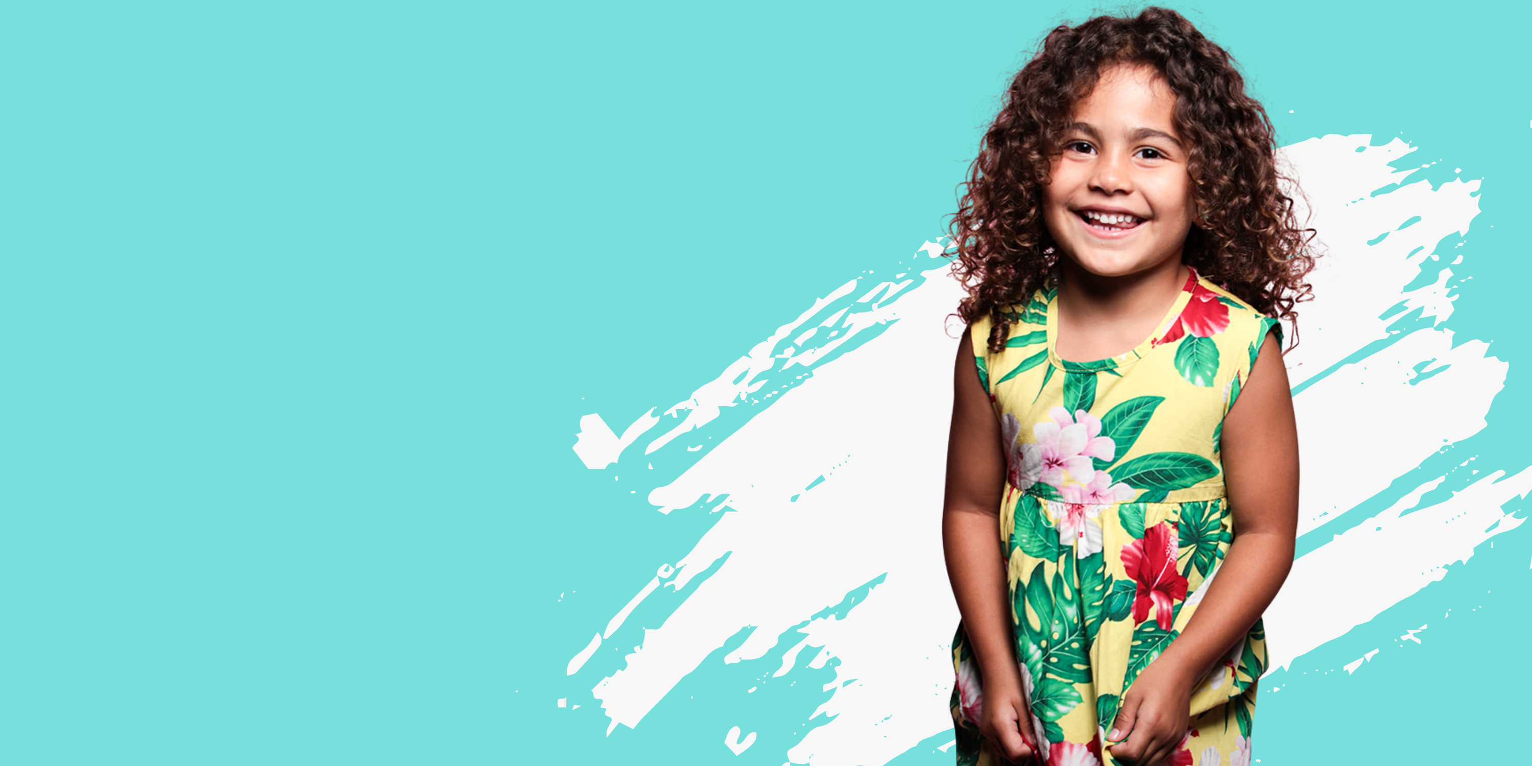 Child wearing a floral dress on a blue background with white paint strokes